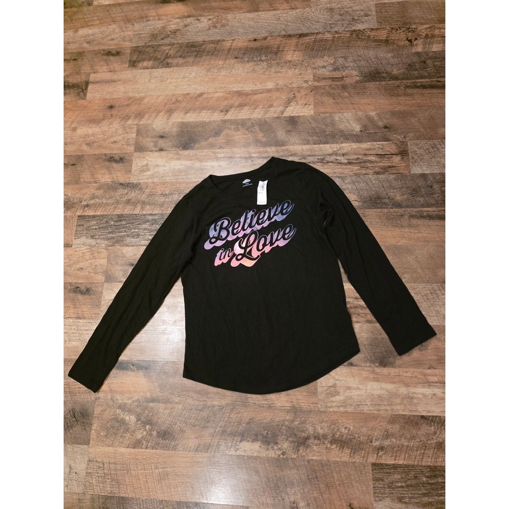 Old Navy Girls XL 14 Black Believe in Love Galaxy Graphic Long Sleeve Tee NWT
